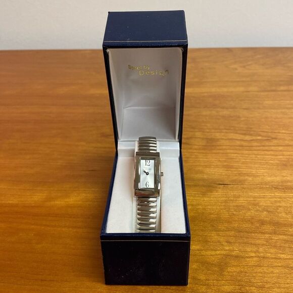 Steel by Design Ladies Silver Tone Stainless Steel Rectangle Face Watch - Picture 2 of 8